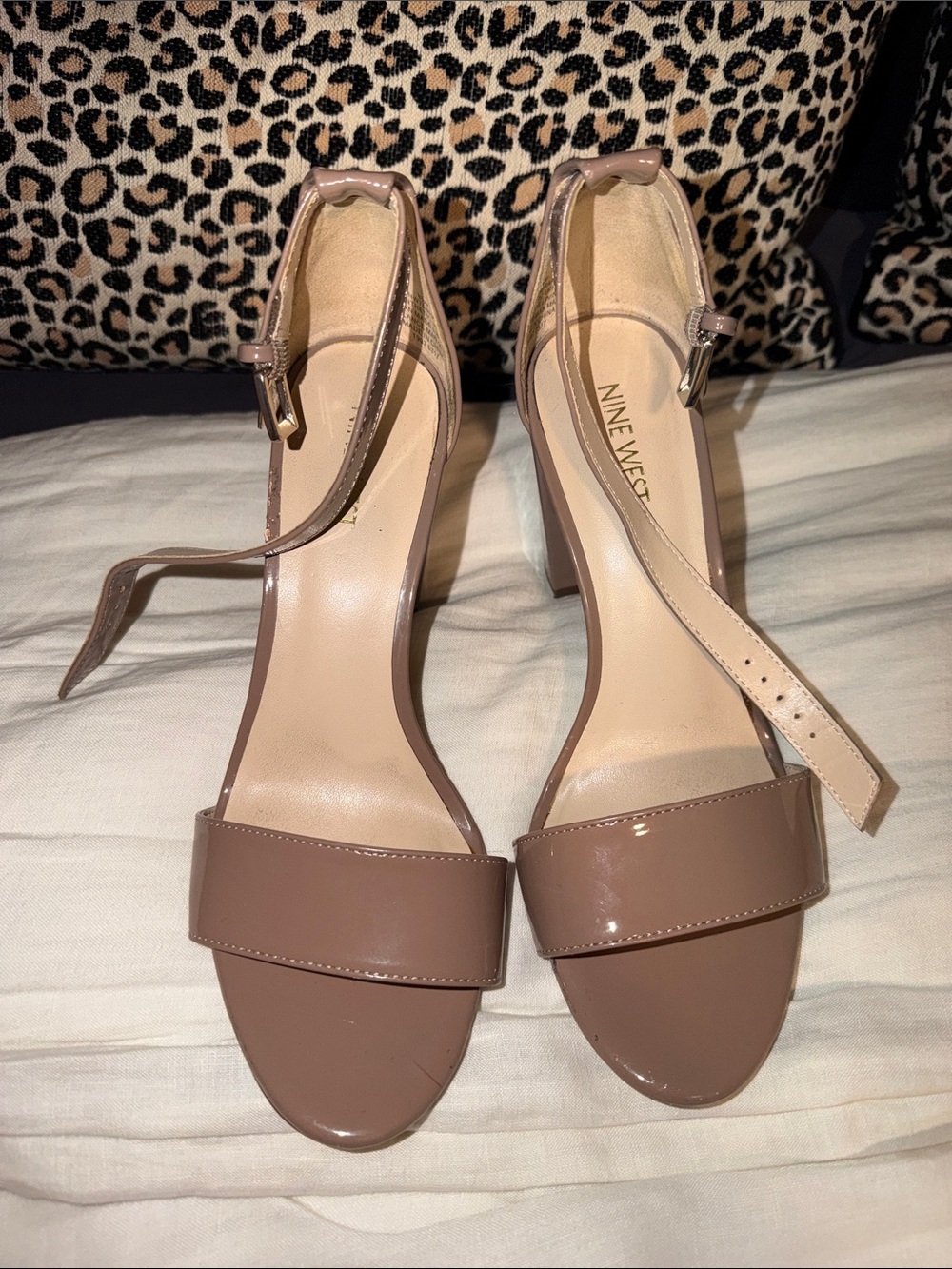 Nine West Taupe Patent Block Heel Sandals with Ankle Strap